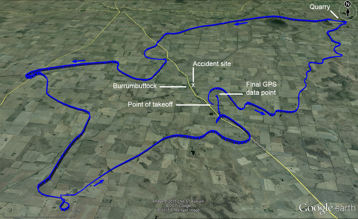 Figure 6: Accident flight path noting that the final 2 minutes of data was unable to be recovered